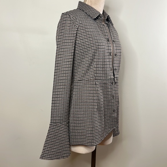 Simons Icone Long sleeve shirt jacket flared sleeves brown plaid Womens Medium - Picture 3 of 11
